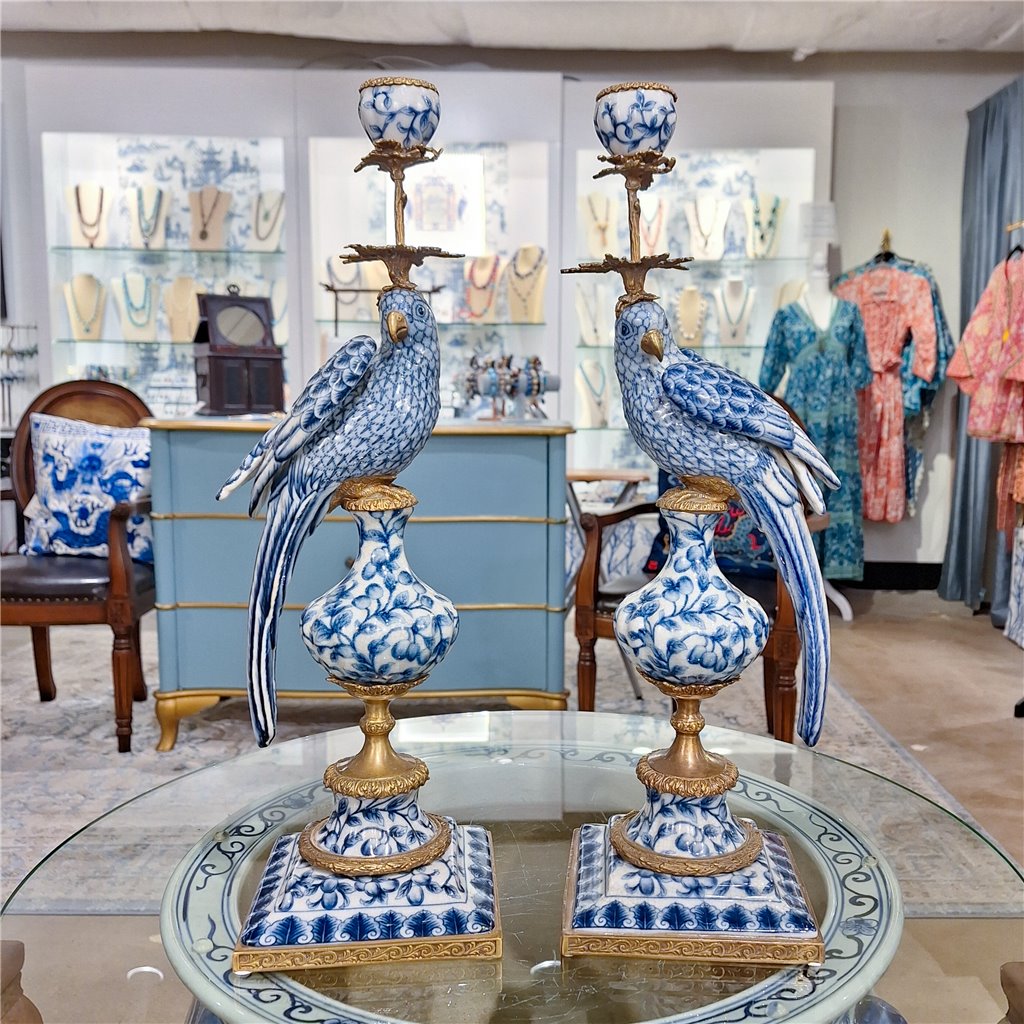 CHINOISERIE PORCELAIN PARROT CANDLESTICKS,CANDLE HOLDERS SET OF TWO-19''H