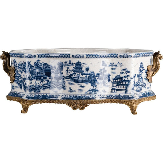 PORCELAIN BLUE WILLOW LARGE PLANTER WITH BRONZE ORMOLU