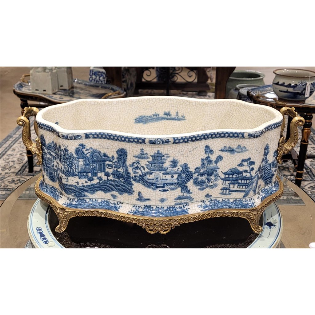 PORCELAIN BLUE WILLOW LARGE PLANTER WITH BRONZE ORMOLU