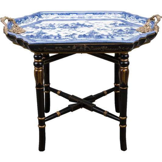 PORCELAIN BLUE WILLOW TRAY TABLE ON WOOD STAND-22''H