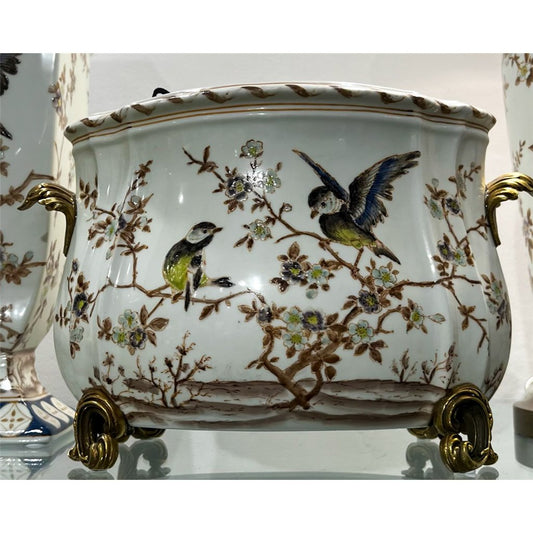 PORCELAIN BIRD/FLORAL PLANTER WITH BRONZE ORMOLU ACCENTS