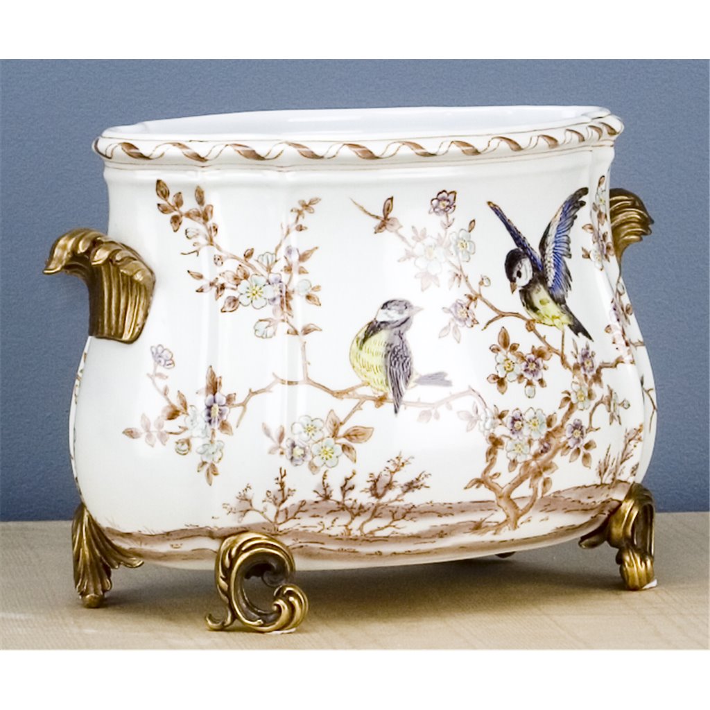 PORCELAIN BIRD/FLORAL PLANTER WITH BRONZE ORMOLU ACCENTS